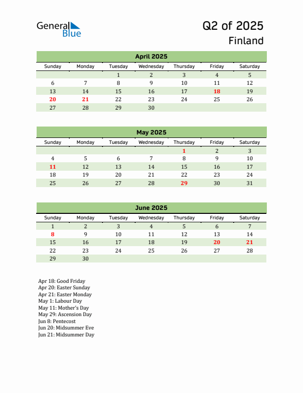 Quarterly Calendar 2025 with Finland Holidays