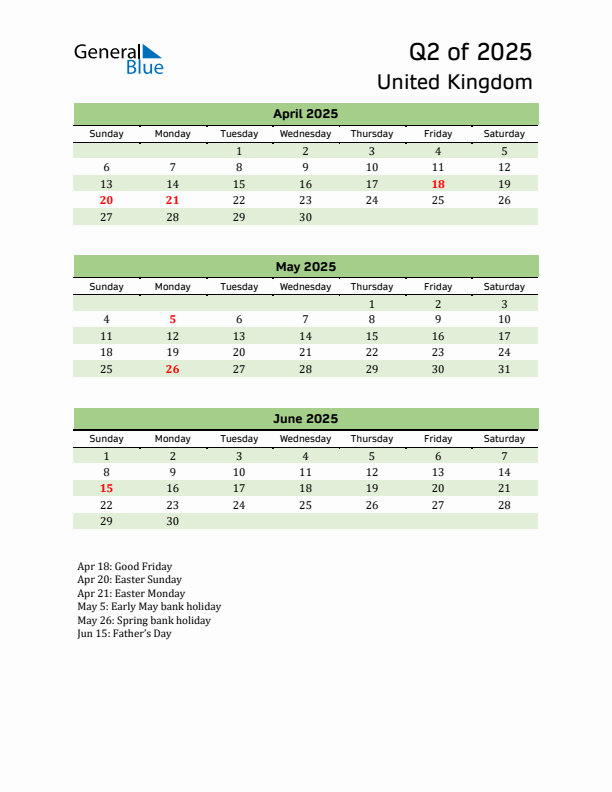 Quarterly Calendar 2025 with United Kingdom Holidays