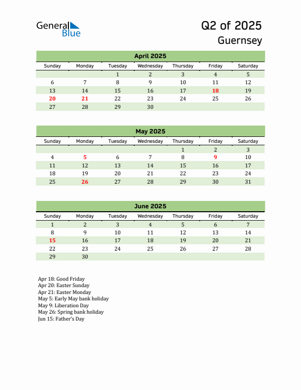 Quarterly Calendar 2025 with Guernsey Holidays