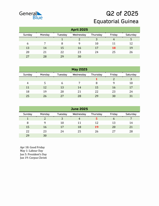 Quarterly Calendar 2025 with Equatorial Guinea Holidays