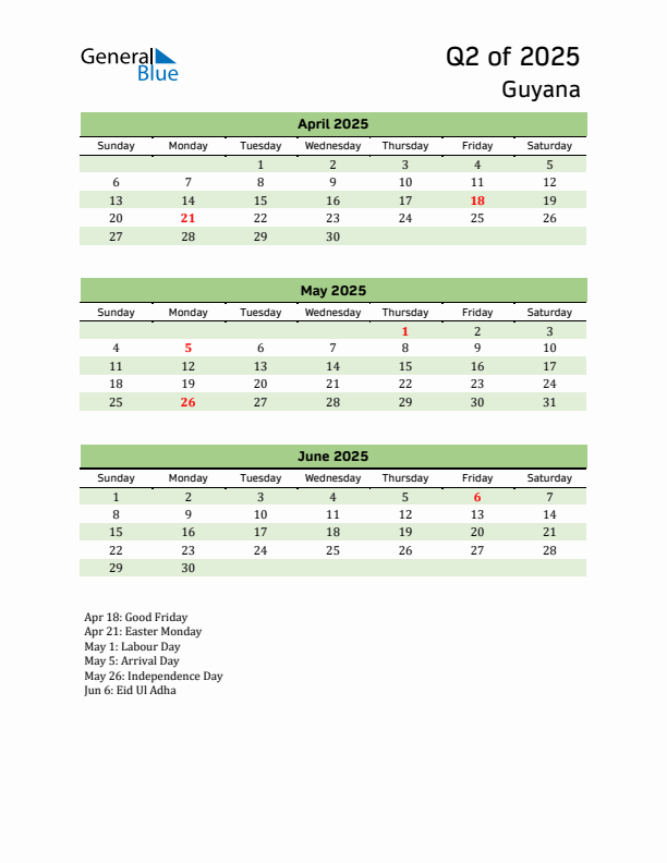 Quarterly Calendar 2025 with Guyana Holidays