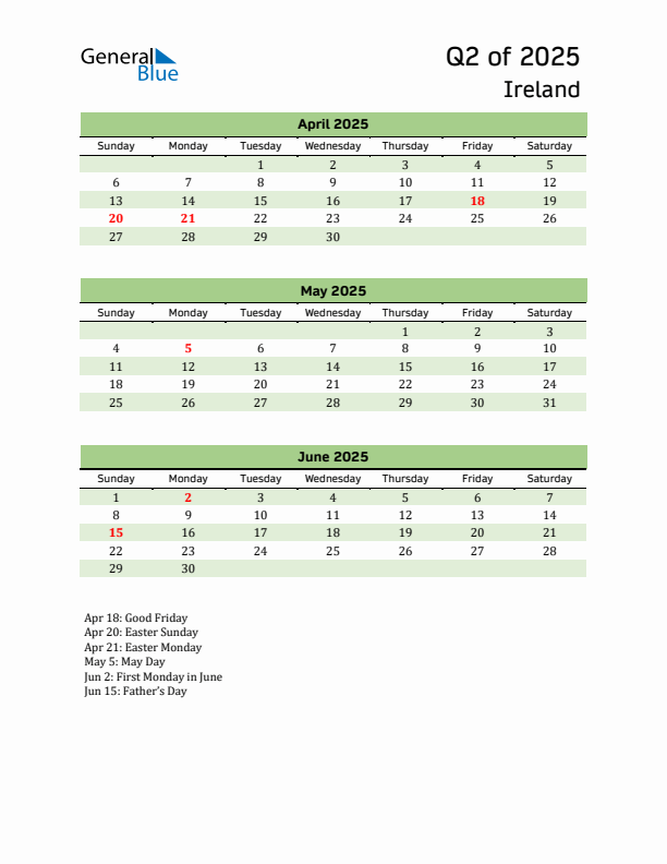 Quarterly Calendar 2025 with Ireland Holidays