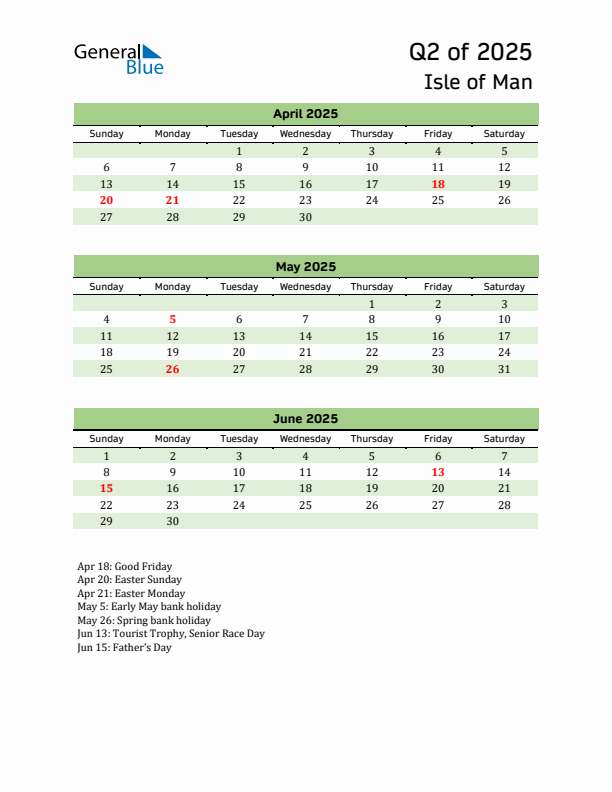 Quarterly Calendar 2025 with Isle of Man Holidays