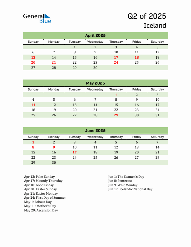 Quarterly Calendar 2025 with Iceland Holidays