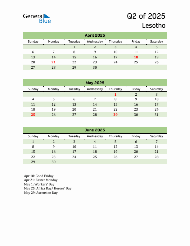 Quarterly Calendar 2025 with Lesotho Holidays