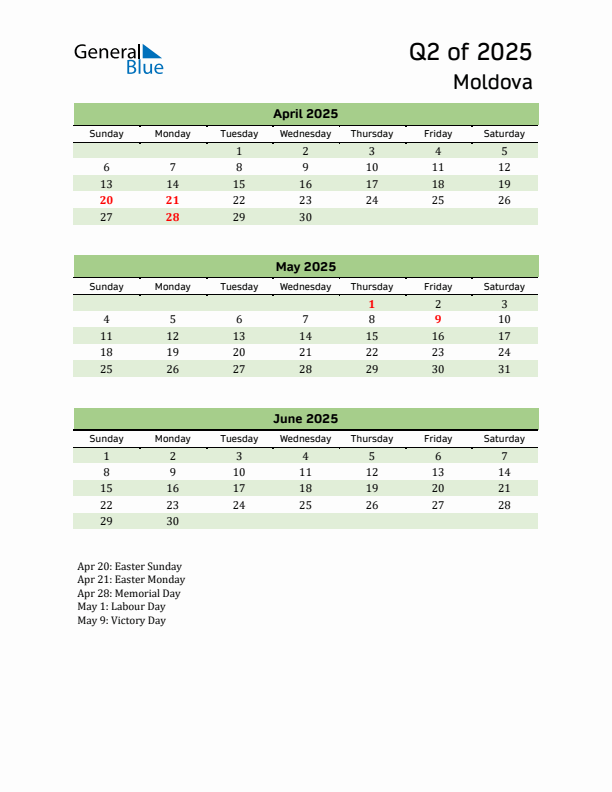 Quarterly Calendar 2025 with Moldova Holidays