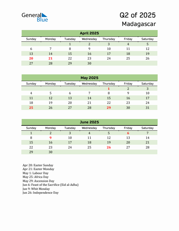 Quarterly Calendar 2025 with Madagascar Holidays