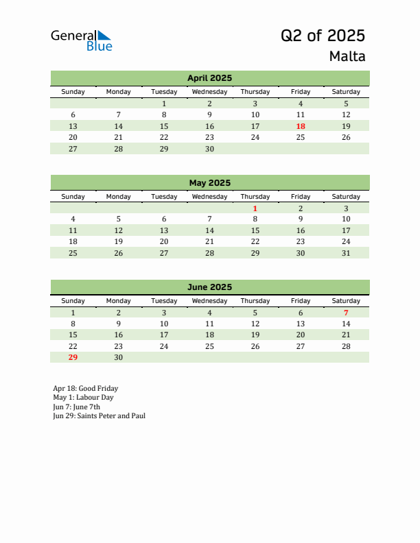 Quarterly Calendar 2025 with Malta Holidays