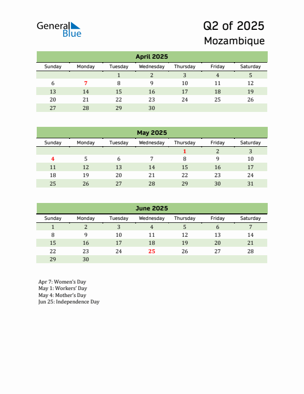 Quarterly Calendar 2025 with Mozambique Holidays