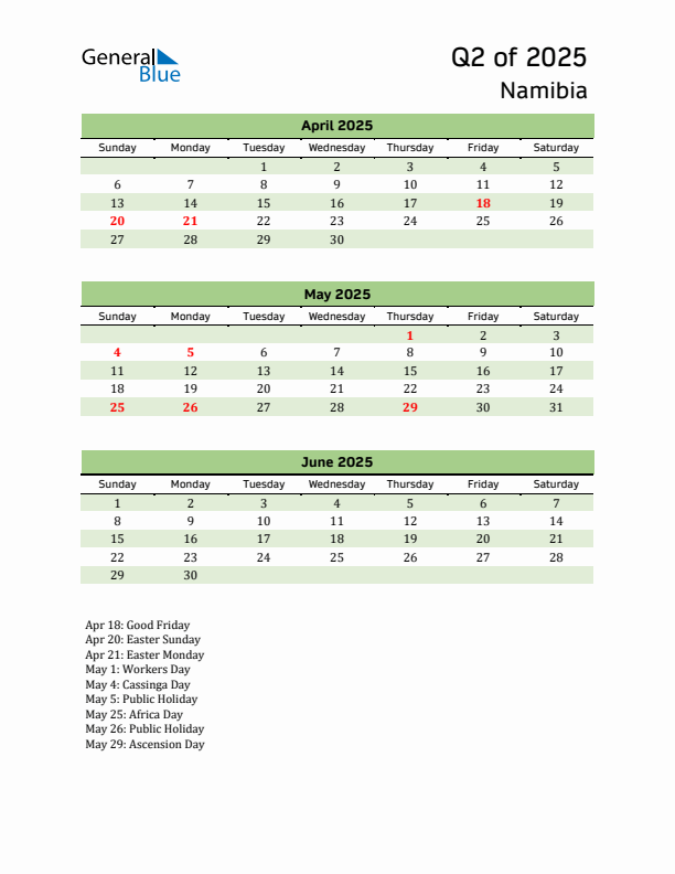 Quarterly Calendar 2025 with Namibia Holidays