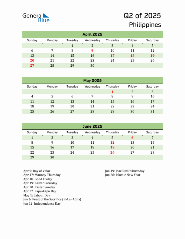 Quarterly Calendar 2025 with Philippines Holidays