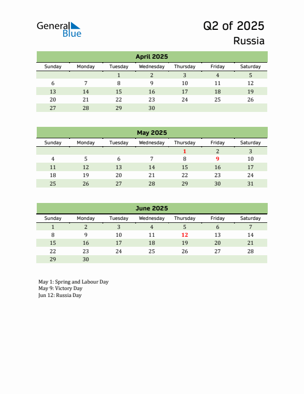 Quarterly Calendar 2025 with Russia Holidays