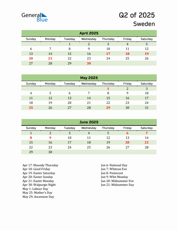 Quarterly Calendar 2025 with Sweden Holidays