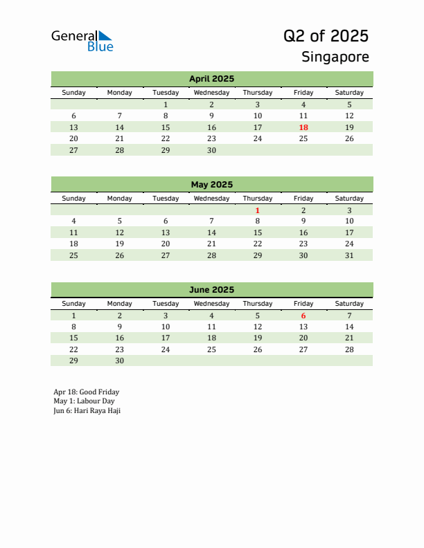 Quarterly Calendar 2025 with Singapore Holidays