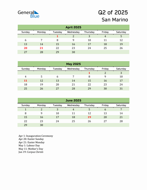 Quarterly Calendar 2025 with San Marino Holidays