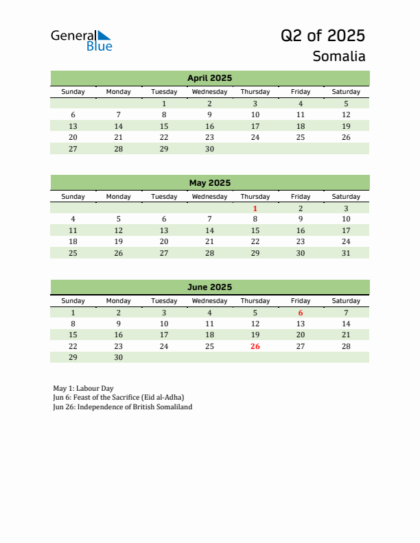 Quarterly Calendar 2025 with Somalia Holidays