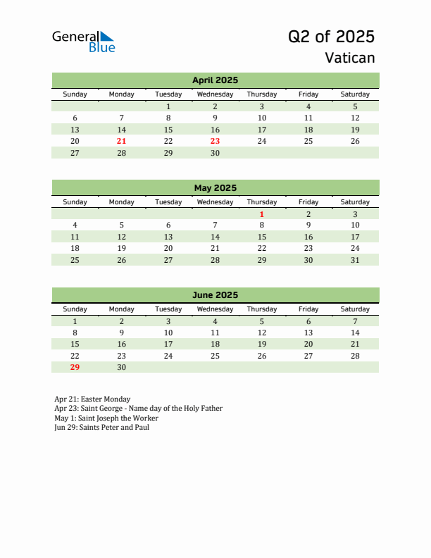 Quarterly Calendar 2025 with Vatican Holidays