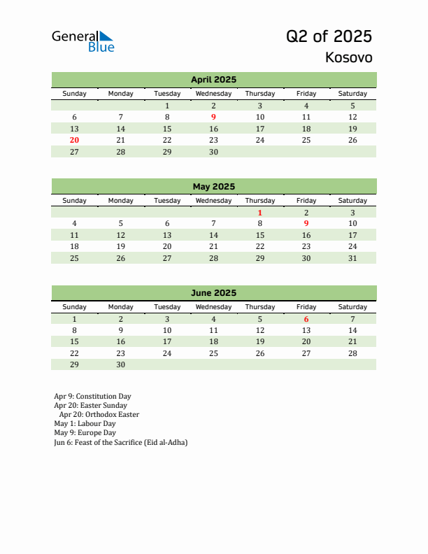 Quarterly Calendar 2025 with Kosovo Holidays