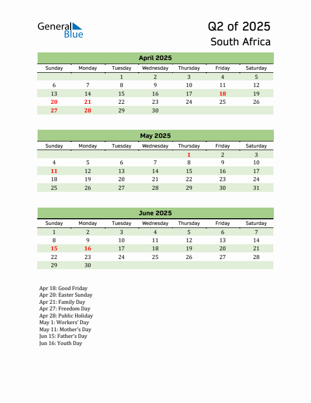 Quarterly Calendar 2025 with South Africa Holidays