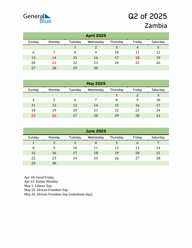 Quarterly Calendar 2025 with Zambia Holidays