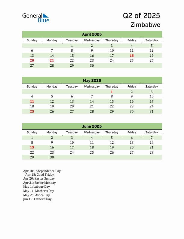 Quarterly Calendar 2025 with Zimbabwe Holidays