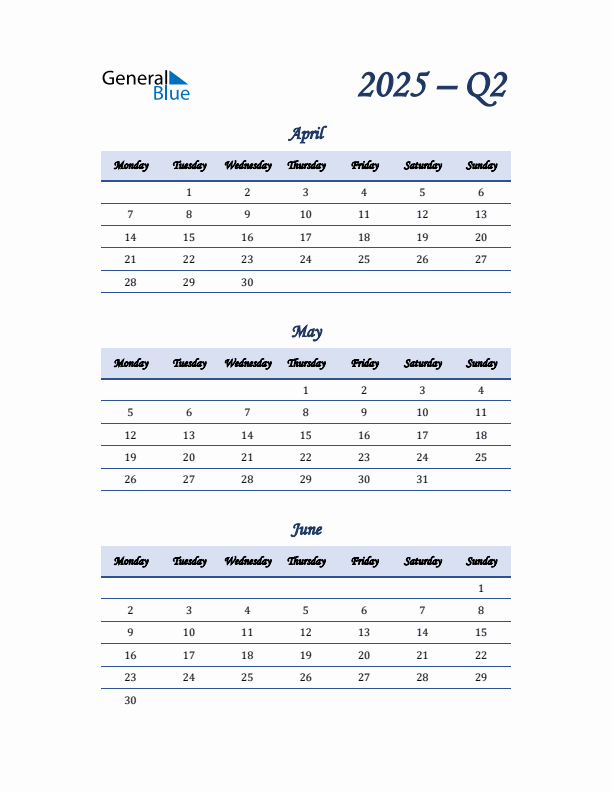 Monday Start 2025 Quarterly Calendar