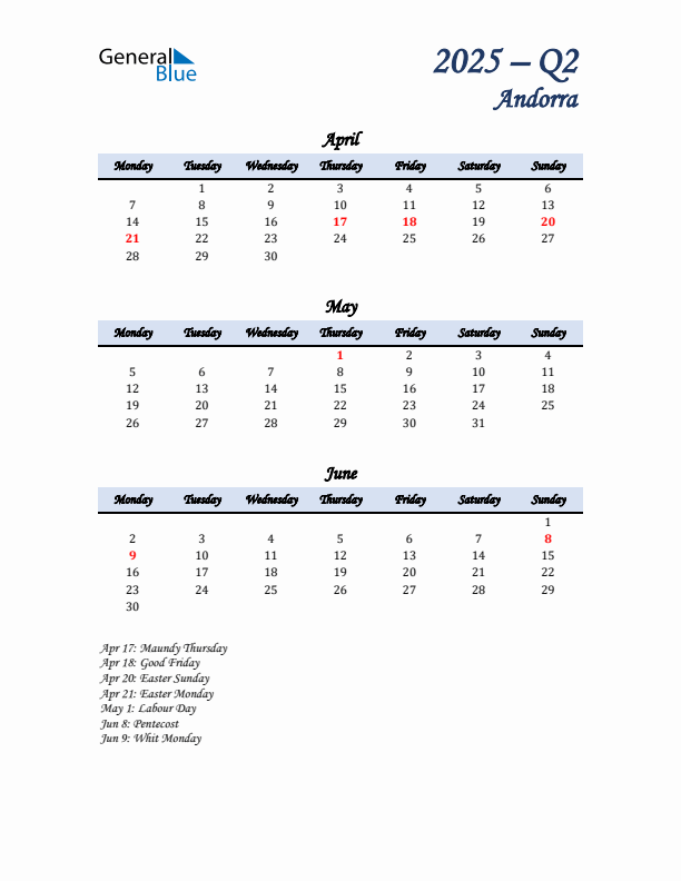 April, May, and June Calendar for Andorra with Monday Start