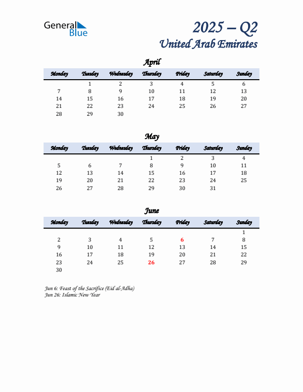 April, May, and June Calendar for United Arab Emirates with Monday Start