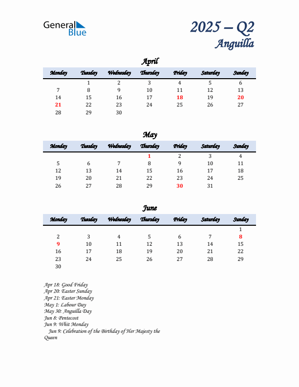 April, May, and June Calendar for Anguilla with Monday Start