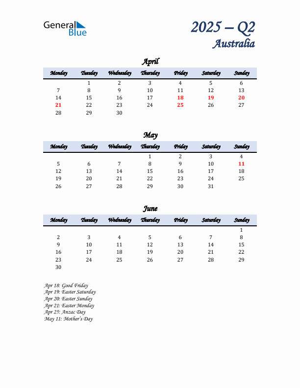 April, May, and June Calendar for Australia with Monday Start