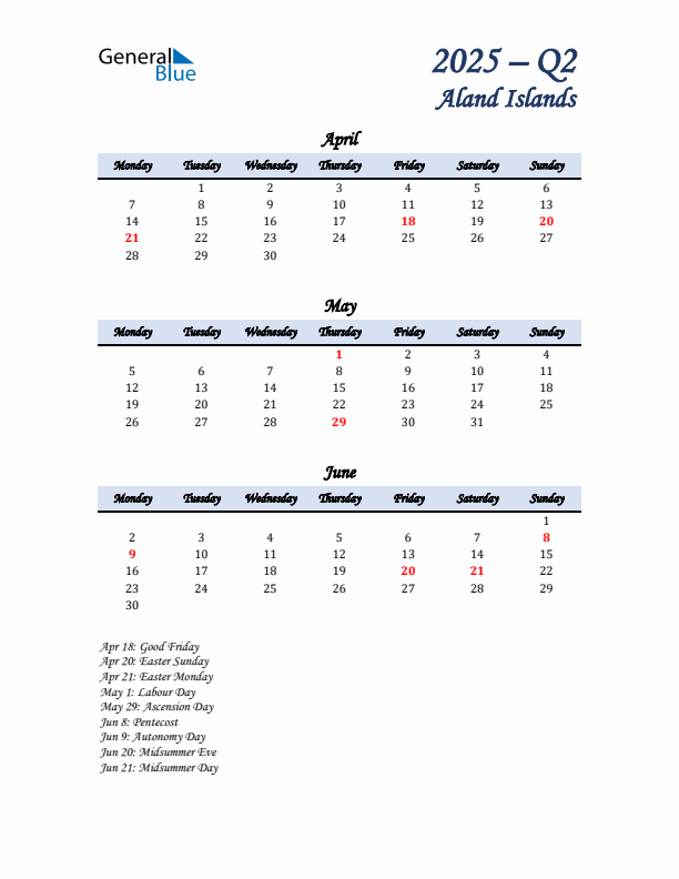 April, May, and June Calendar for Aland Islands with Monday Start