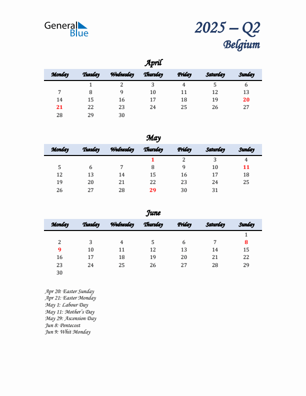 April, May, and June Calendar for Belgium with Monday Start