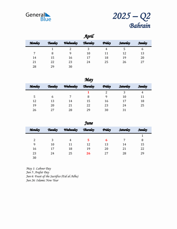 April, May, and June Calendar for Bahrain with Monday Start