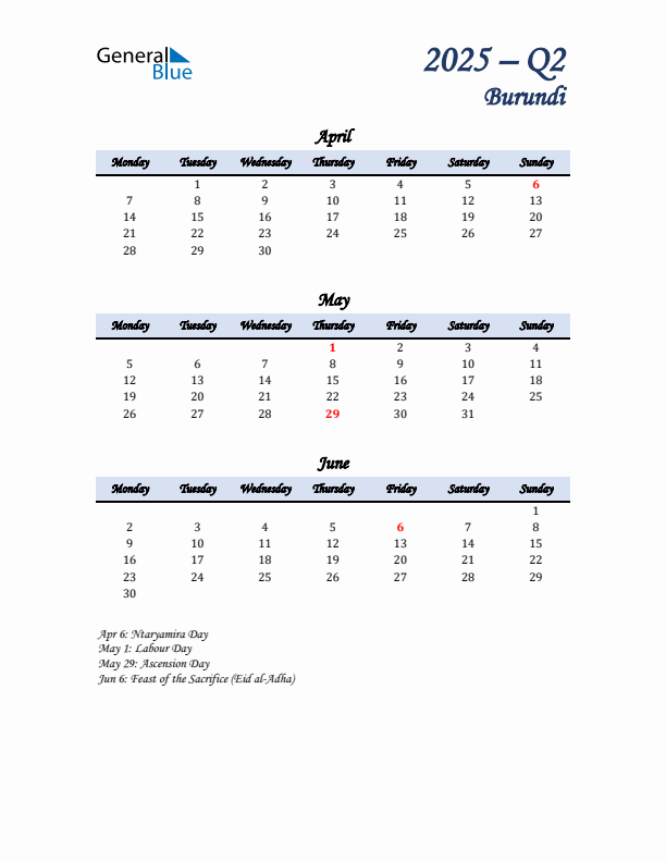 April, May, and June Calendar for Burundi with Monday Start