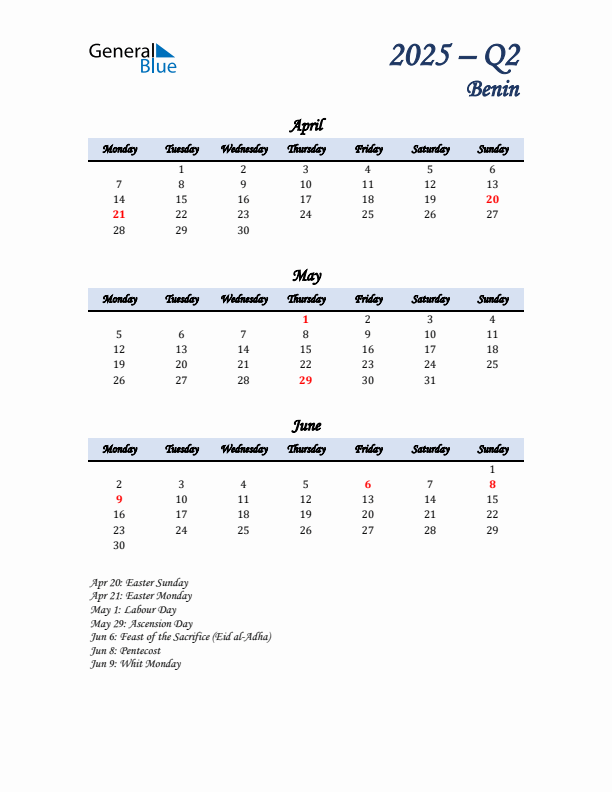 April, May, and June Calendar for Benin with Monday Start