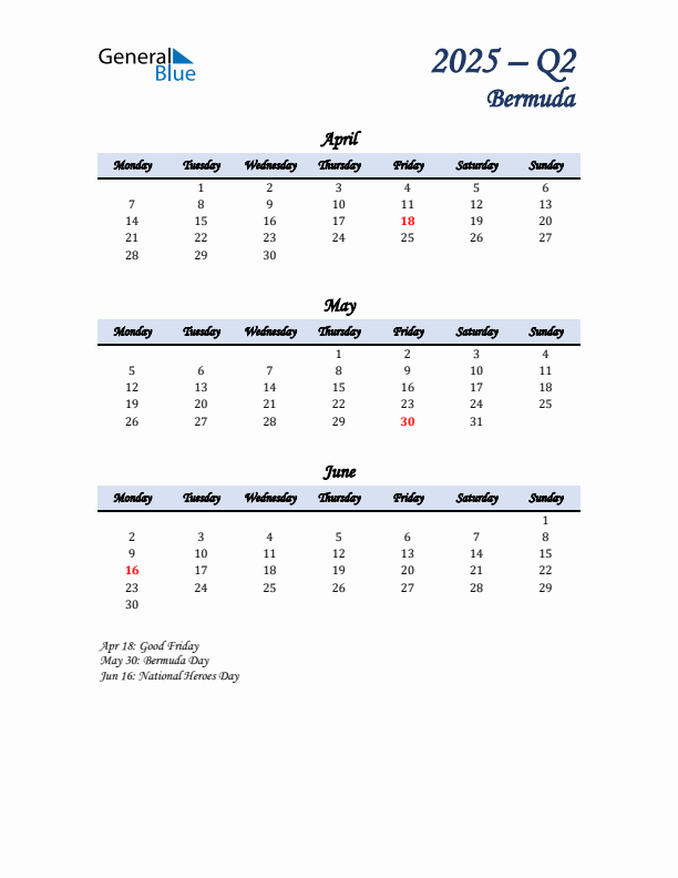 April, May, and June Calendar for Bermuda with Monday Start