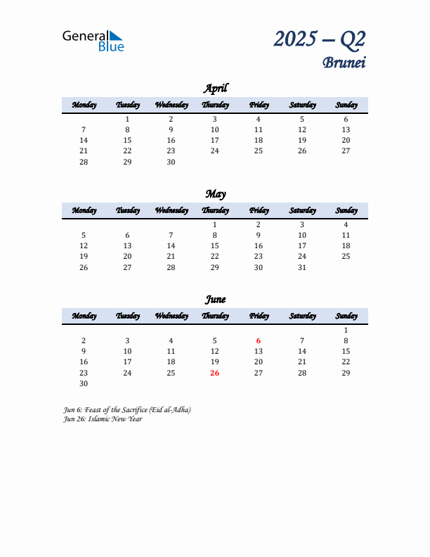 April, May, and June Calendar for Brunei with Monday Start