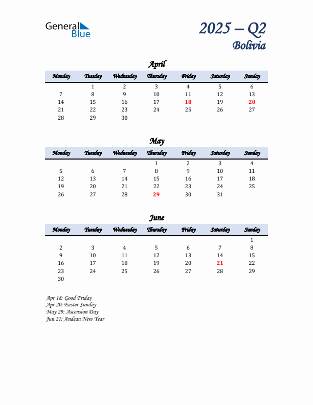 April, May, and June Calendar for Bolivia with Monday Start