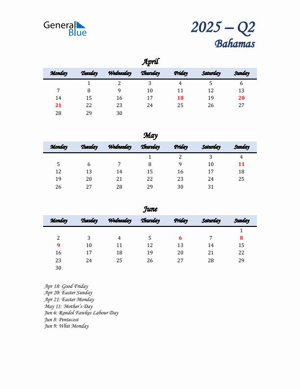 April, May, and June Calendar for Bahamas with Monday Start