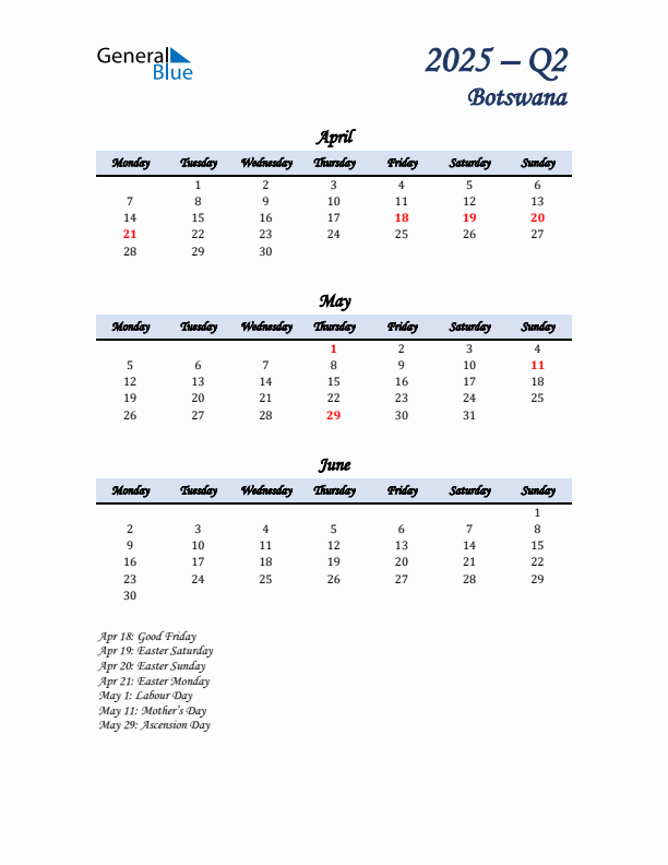 April, May, and June Calendar for Botswana with Monday Start