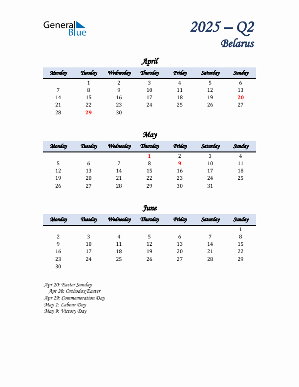 April, May, and June Calendar for Belarus with Monday Start