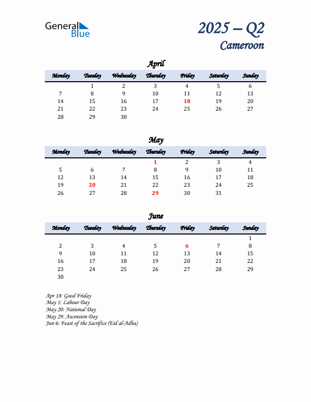 April, May, and June Calendar for Cameroon with Monday Start