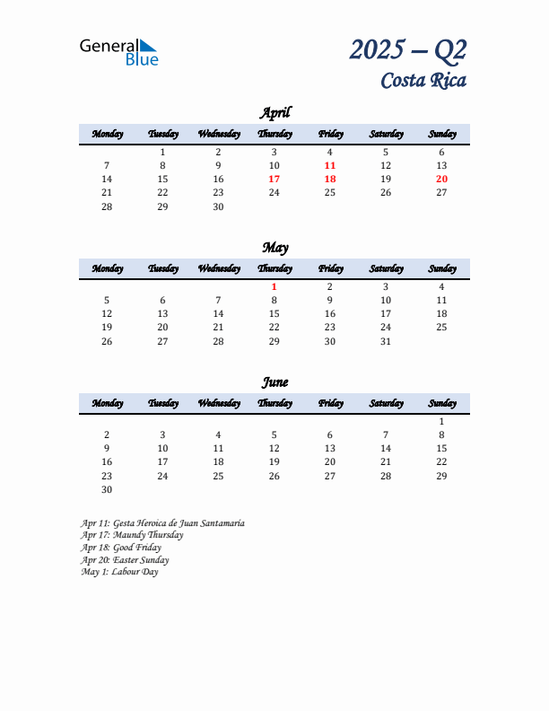 April, May, and June Calendar for Costa Rica with Monday Start