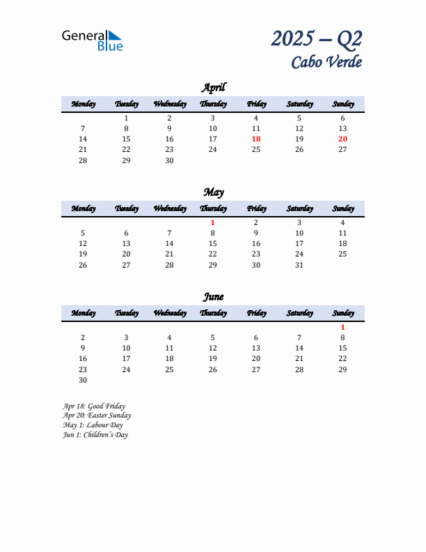 April, May, and June Calendar for Cabo Verde with Monday Start