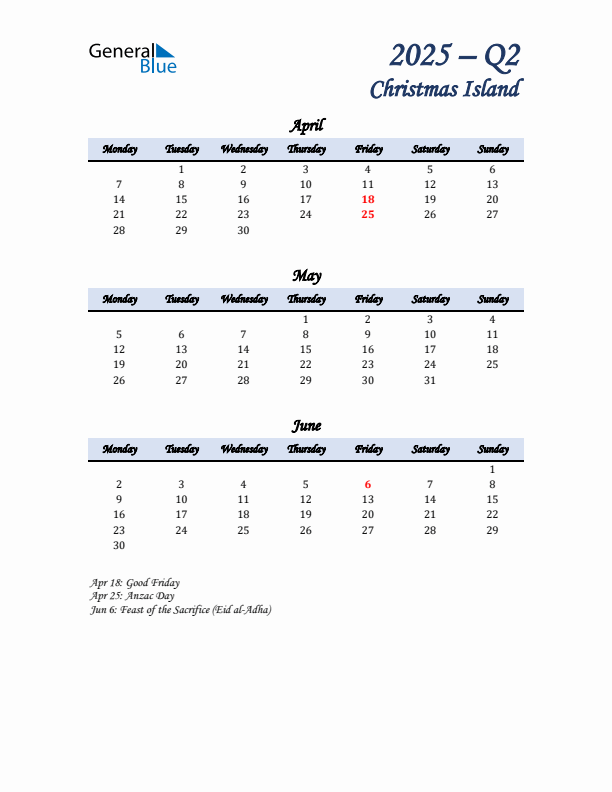 April, May, and June Calendar for Christmas Island with Monday Start