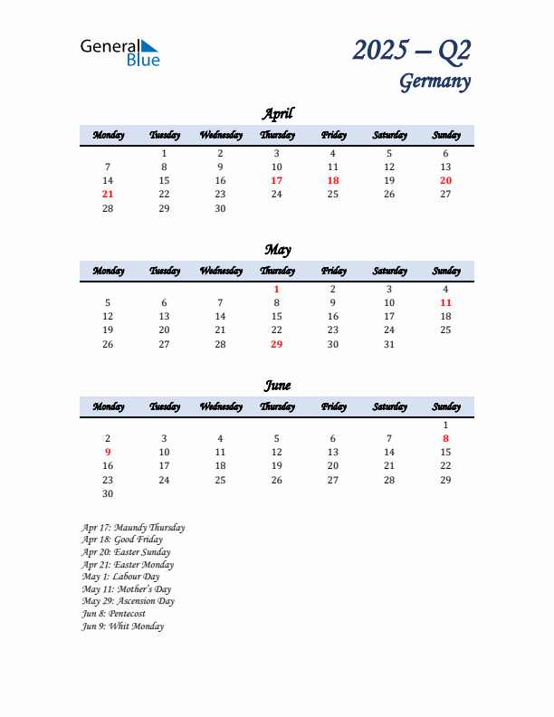 April, May, and June Calendar for Germany with Monday Start