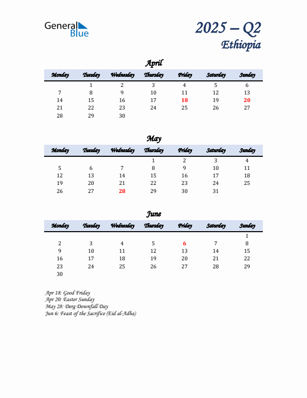 April, May, and June Calendar for Ethiopia with Monday Start