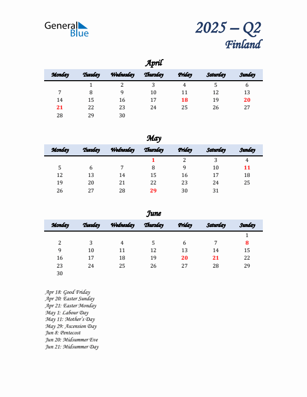 April, May, and June Calendar for Finland with Monday Start