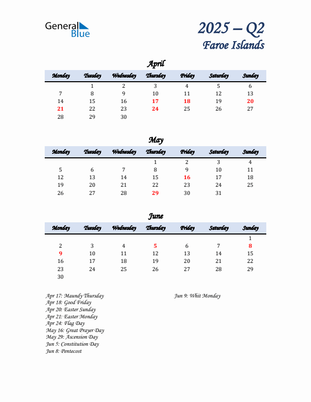 April, May, and June Calendar for Faroe Islands with Monday Start