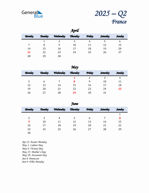 April, May, and June Calendar for France with Monday Start